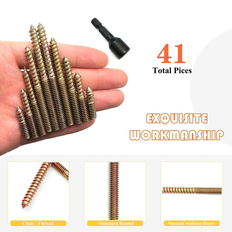 Matrelt 41 Pack 1/4-20" Hanger Bolts 5Sizes 1-3 Inch Include1 pcs Hanger Bolt Driver Double Headed Bolts Wood Dowel Screw Self-Tapping Screw for Furniture Screws Wood Screws Double Threaded Rods - Image 4